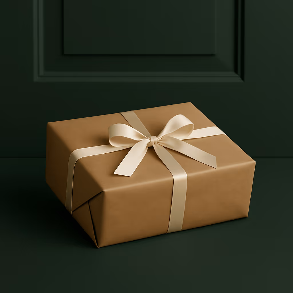 A wrapped package sitting on a doorstep