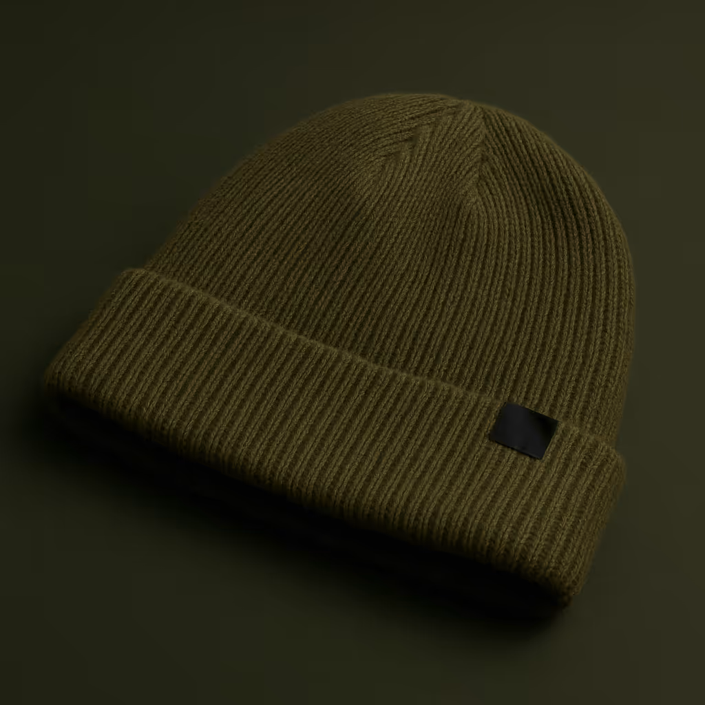 An olive knit beanie displayed on a dark green background.