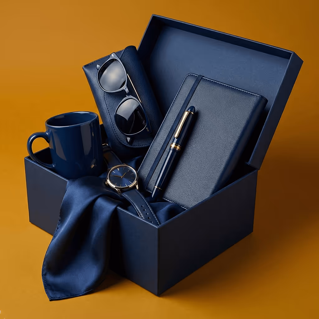 A navy-toned gift set with a mug, notebook, pen, and sunglasses arranged inside a box.