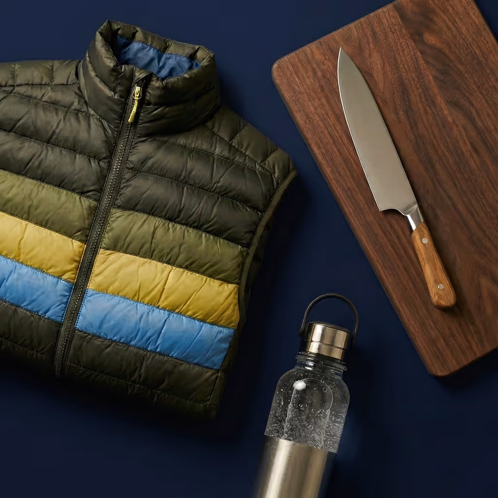 A winter puffer jacket, water bottle, chef’s knife, and cutting board arranged on a warm-toned background.