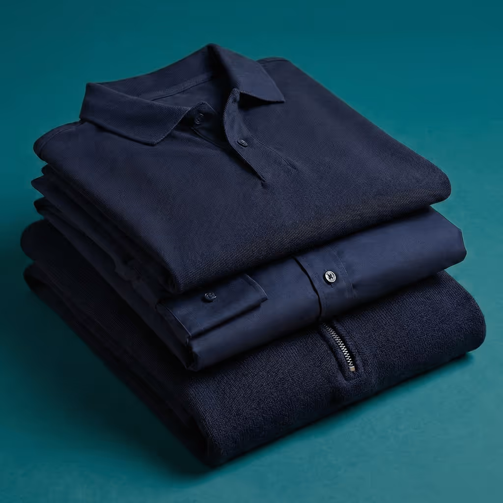 Folded navy shirts stacked neatly on a matching blue surface.