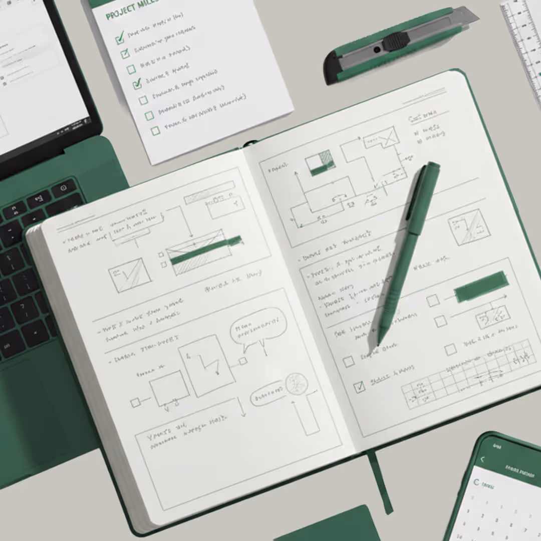 A notebook and pen, computer, checklist, phone and ruler on a sage green background.