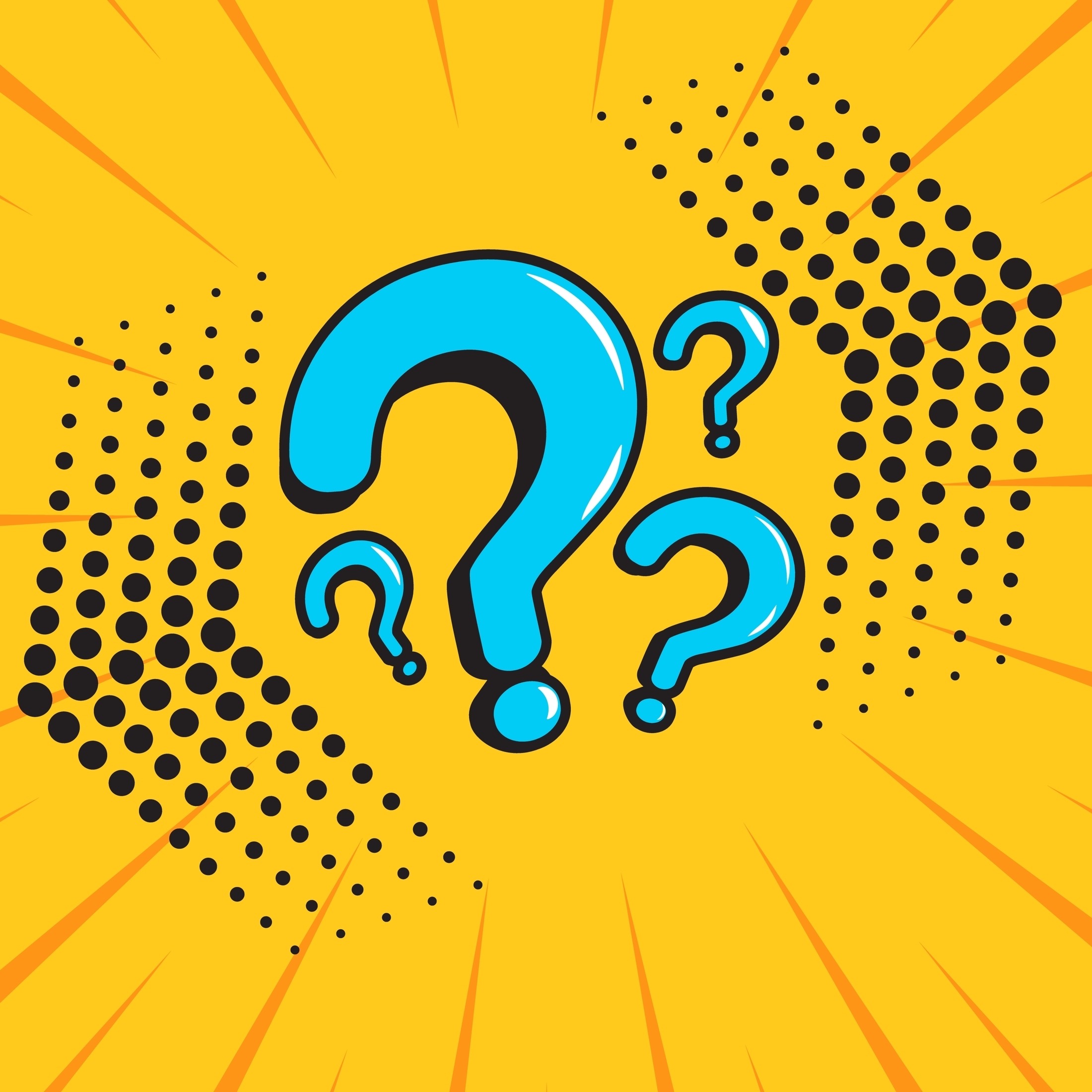 Vier blauwe vraagtekens met zwarte schaduw op een gele achtergrond met stippenpatroon en oranje stralen.