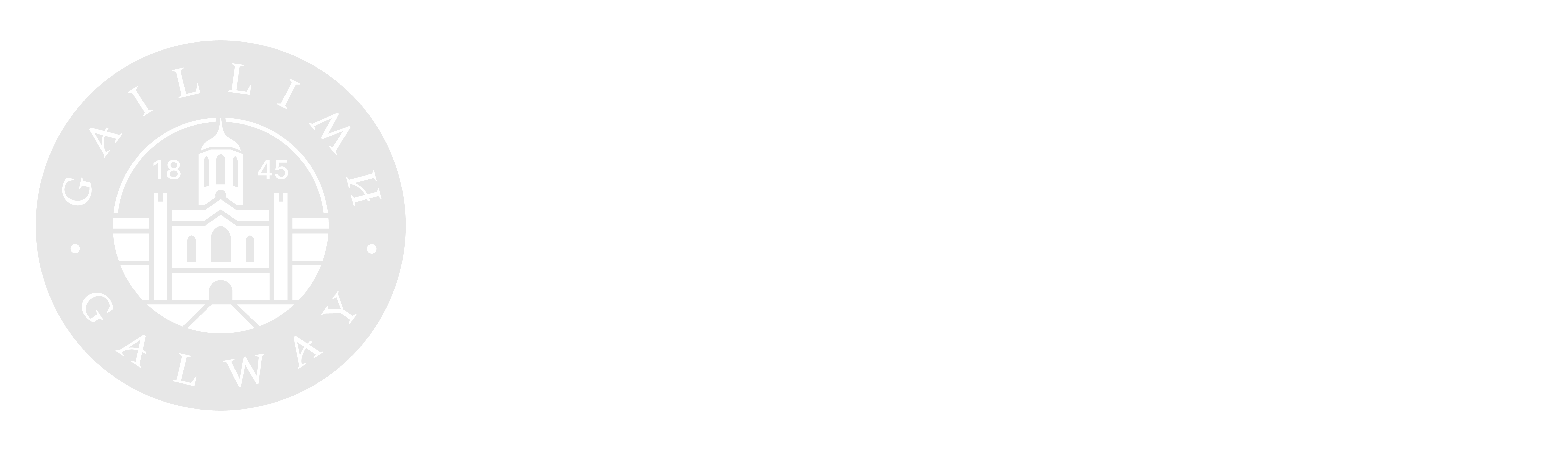 University of Galway circular emblem featuring a tower and the year 1845, with text 'Ollscoil na Gaillimhe University of Galway' to the right.