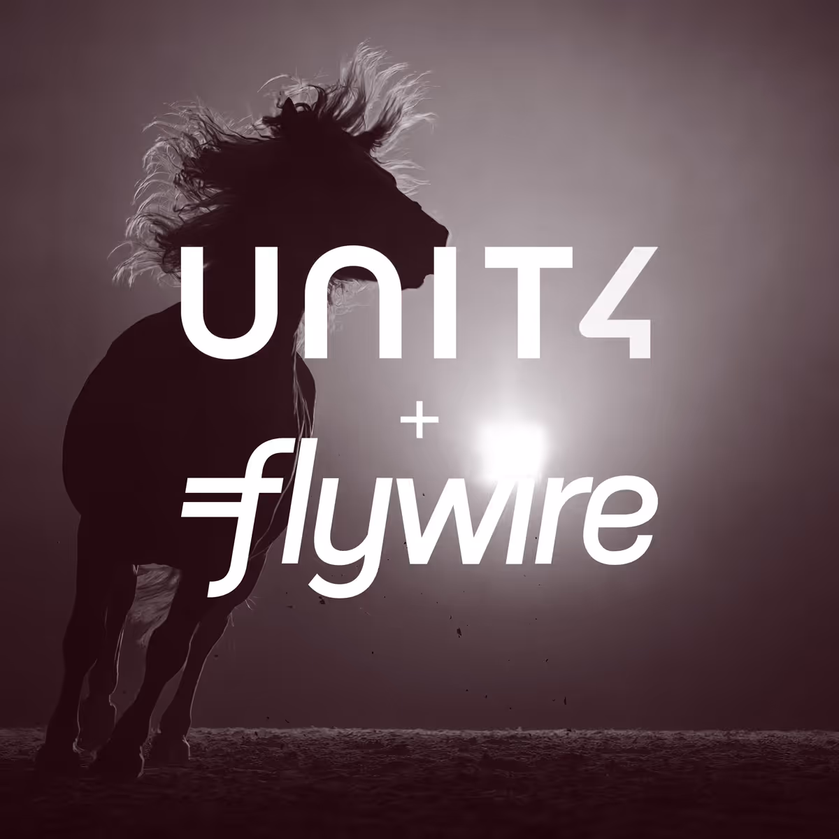 Silhouette of a horse with flowing mane against light with UNIT4 and flywire text overlay.
