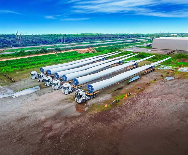 The image shows a top view in total six TeleMAX vehicles from the company Faymonville Trailers to the MAX in Brazili. They have been bought by Santin Group and stand all next to each other.