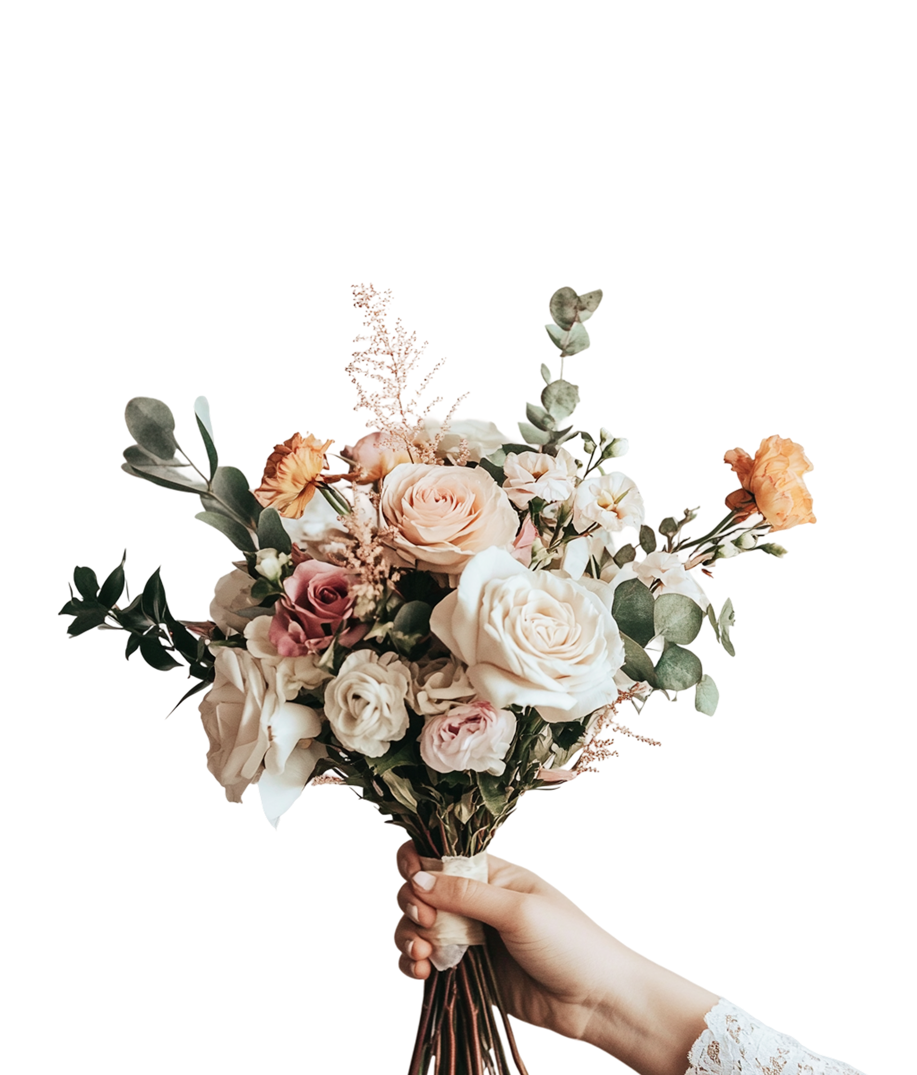 Hand holding a bouquet of assorted flowers including roses and greenery with a lace sleeve visible on the wrist.