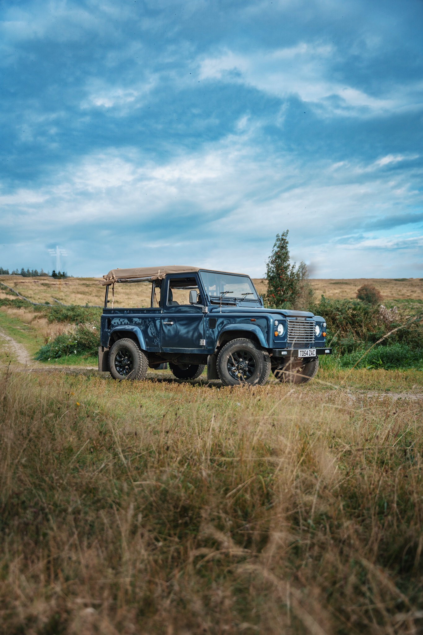 Blue vintage off-road vehicle parked on a grassy path under a cloudy sky.