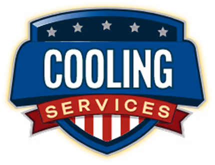 Shield-shaped logo with the word 'COOLING' in large white letters on a blue background and 'SERVICES' in white letters on a red banner beneath it, accented by stars and stripes.