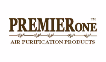 Premier One air purification products logo with stylized text and decorative lines.