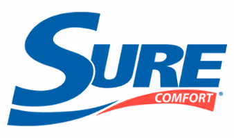 Sure Comfort logo with blue and red stylized text and wave design.