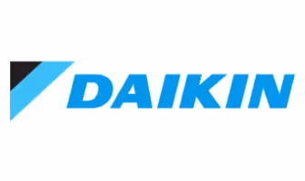 Daikin company logo with blue and black angled design on left and bold blue text.