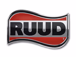 RUUD company logo with black text on a red and silver wavy background.