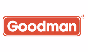 Goodman company logo with white text inside a red rounded rectangle.