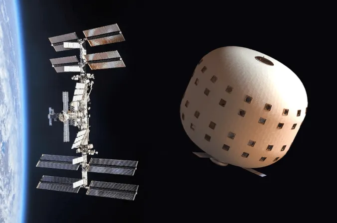 International Space Station orbiting Earth with a nearby cylindrical spacecraft module against black space.