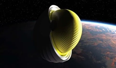 A yellow glowing device resembling a futuristic satellite or space probe orbiting above Earth against a starry background.