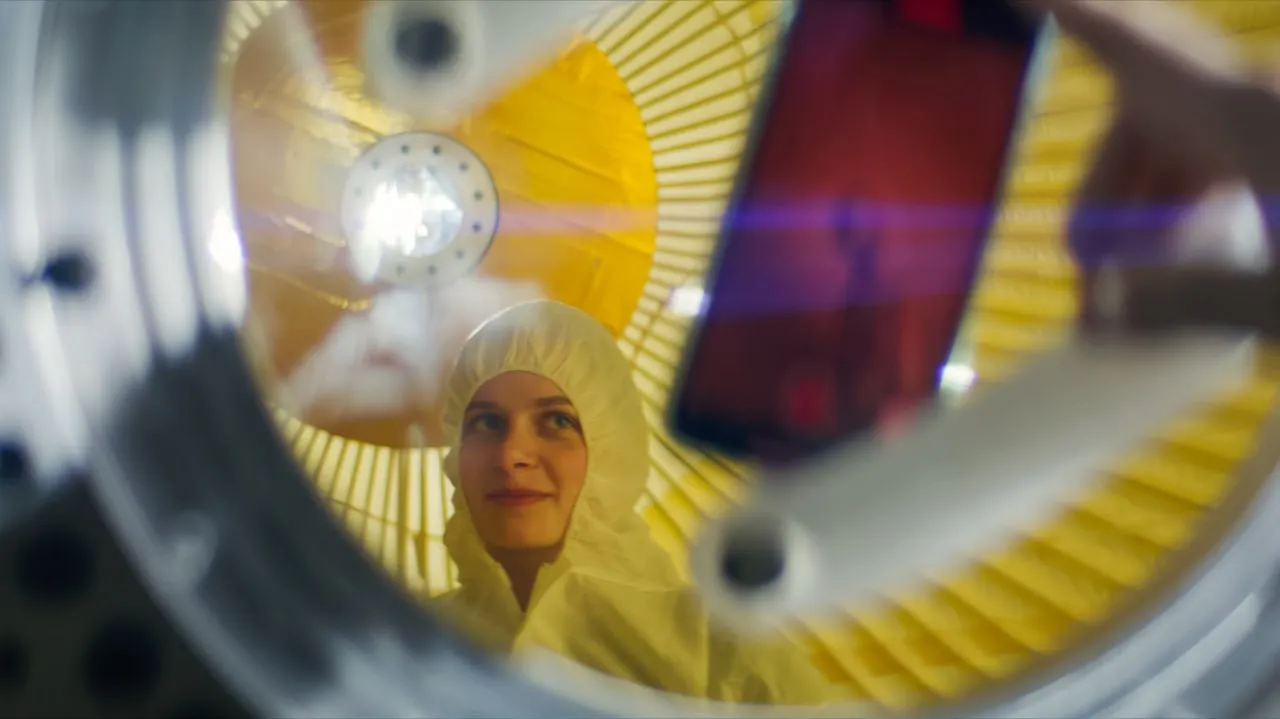 Person in a yellow protective suit looking through a circular metallic structure with yellow background.