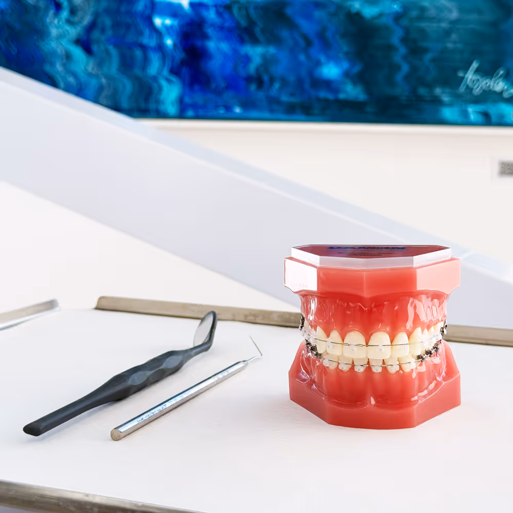 Zahnmodell mit Zahnspange neben Zahnarztinstrumenten auf weißem Tisch.