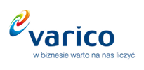 Logo firmy Varico z kolorową spiralą i napisem Varico z hasłem „W branży waluta nas łączy”.