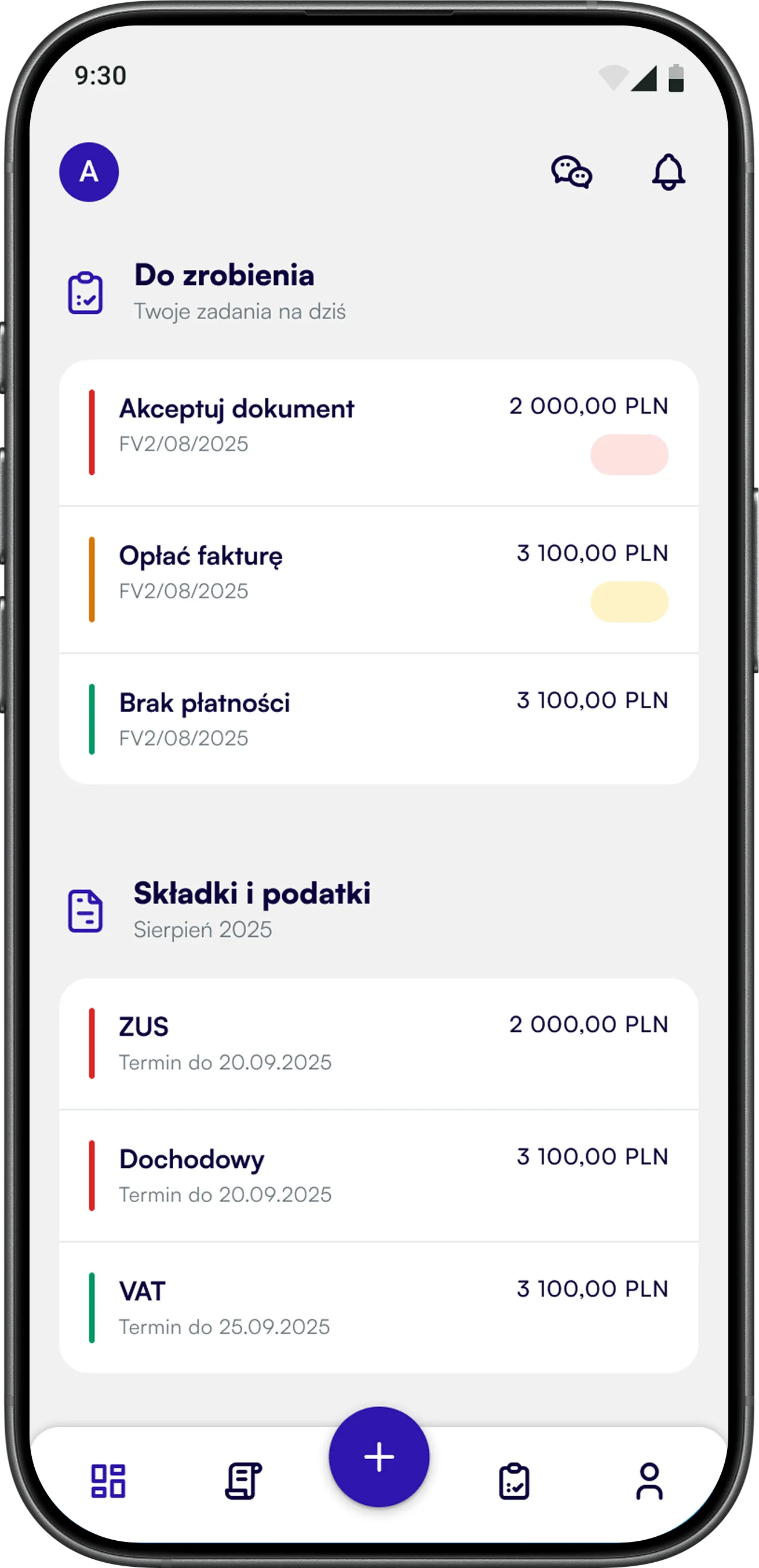Ekran telefonu z aplikacją finansową pokazującą listę zadań do zrobienia i składki podatkowe na sierpień 2025 z kwotami w PLN.