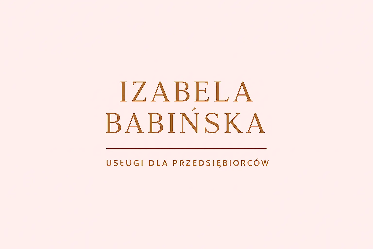 Napis Izabela Babińska z podkreśleniem i napisem usługi dla przedsiębiorców na jasnoróżowym tle.