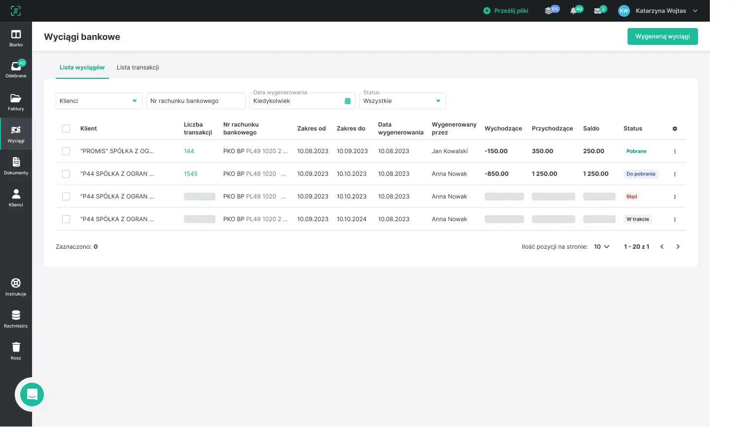 Ekran aplikacji z listą wyciągów bankowych, zawierający kolumny: klient, liczba transakcji, nr rachunku bankowego, zakres dat, data wygenerowania, wygenerowany przez, kwoty wychodzące i przychodzące, saldo oraz status.