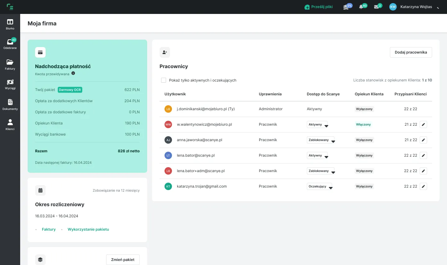 Panel firmy z listą pracowników, ich uprawnieniami, dostępem do Scanye i statusem opiekuna klienta obok podsumowania nadchodzącej płatności i okresem rozliczeniowym.