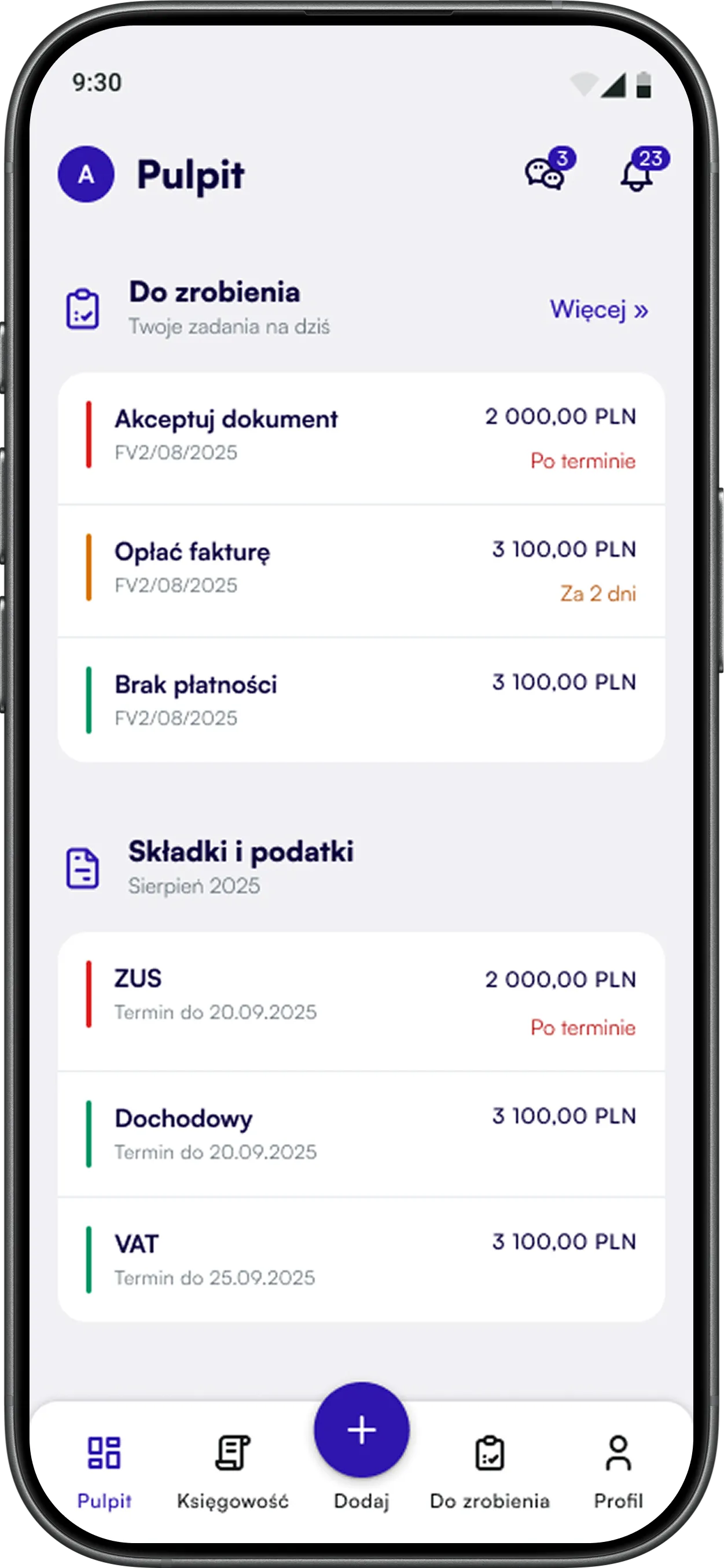 Ekran aplikacji mobilnej pokazujący pulpit z zadaniami do zrobienia i składkami podatkowymi na sierpień 2025, wraz z kwotami i terminami.