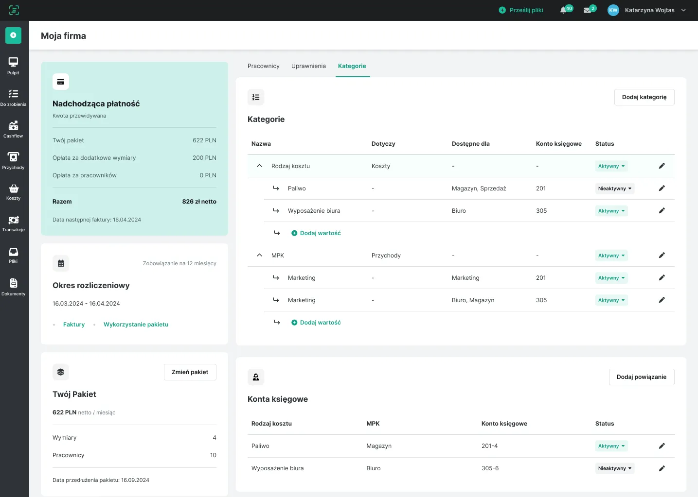 Panel zarządzania firmą pokazujący nadchodzącą płatność, okres rozliczeniowy, szczegóły pakietu, listę kategorii kosztów i przypisane konta księgowe z ich statusami.