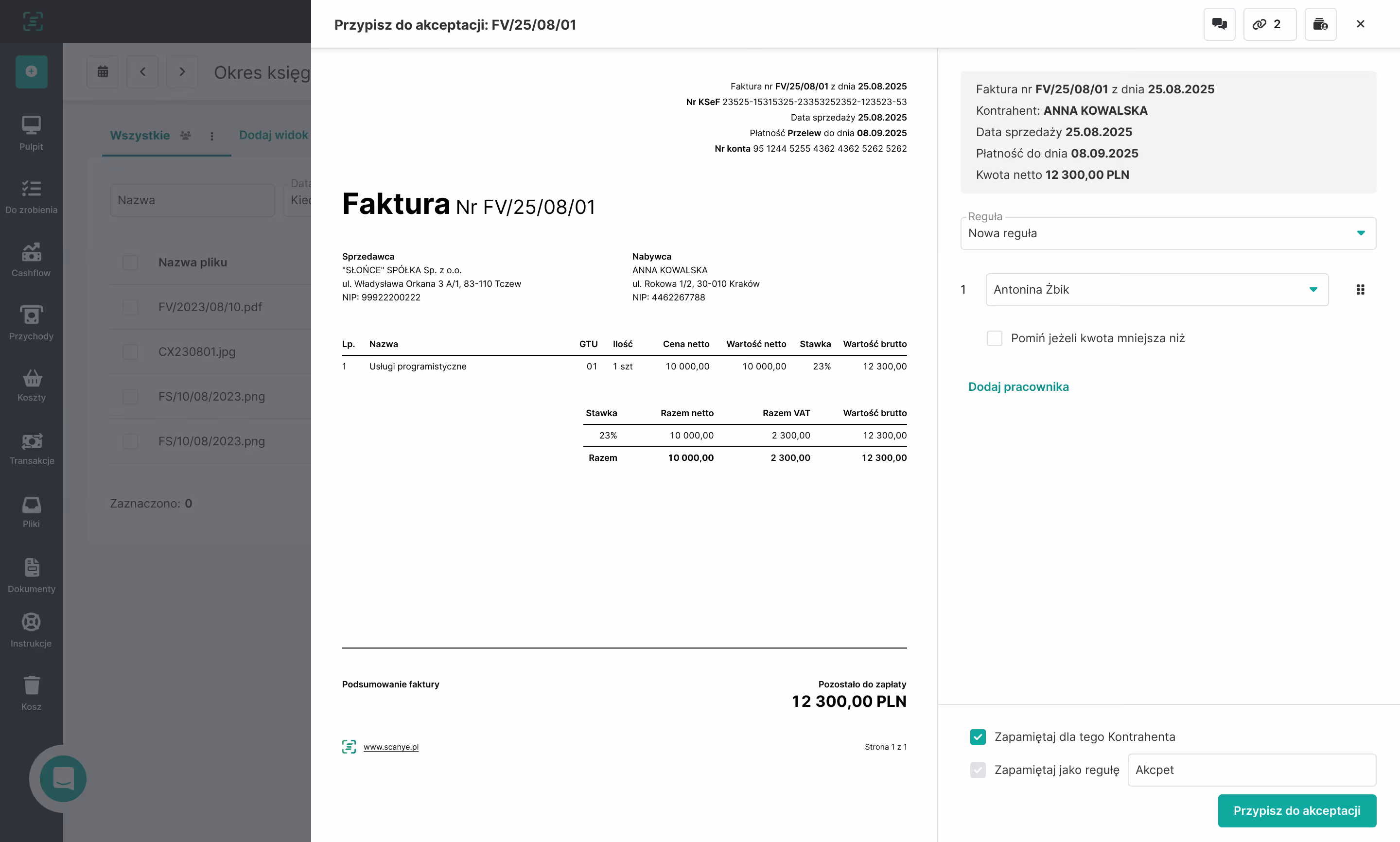 Faktura FV/25/08/01 na usługi programistyczne dla Anny Kowalskiej, kwota 12 300 PLN.