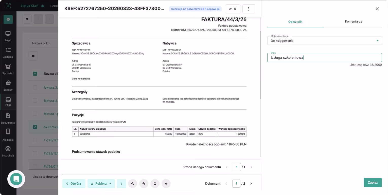 Ekran systemu z fakturą za usługę szkoleniową i szczegółami sprzedawcy, nabywcy oraz podsumowaniem.