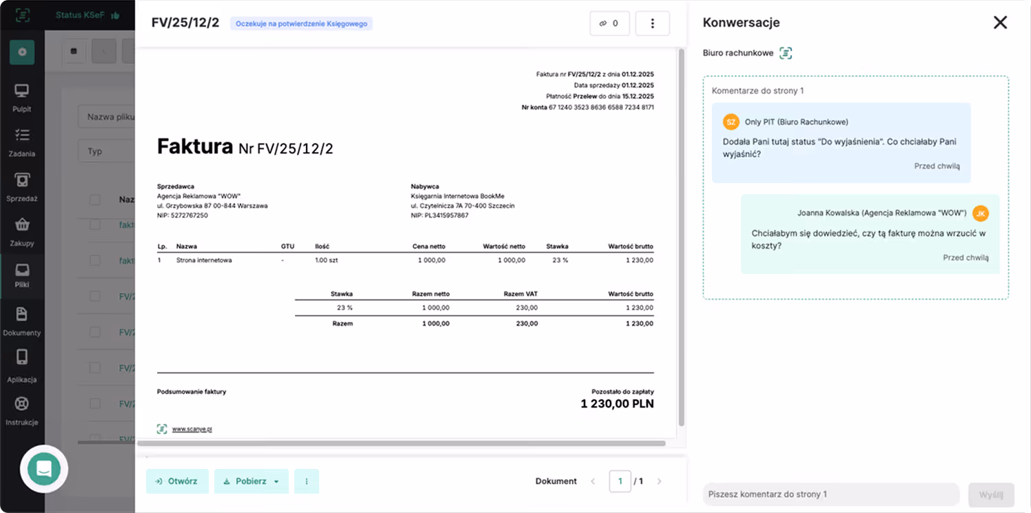 Ekran z fakturą za stronę internetową i rozmową o statusie oraz kosztach faktury w panelu księgowym.