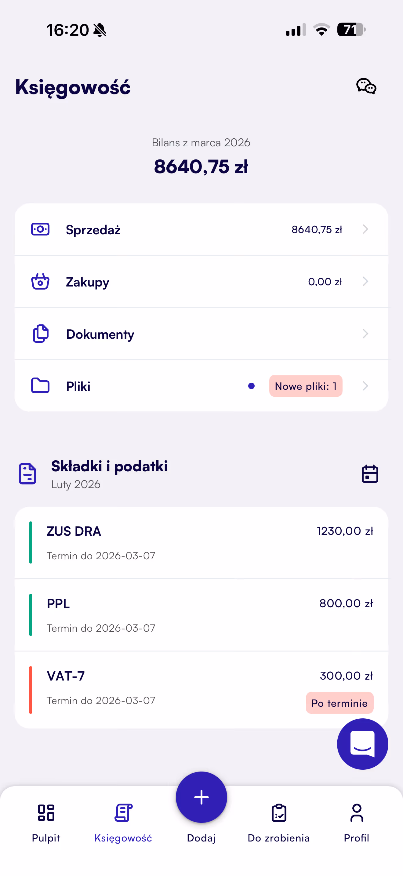 Ekran aplikacji księgowości z bilansem 8640,75 zł i listą składek z terminami oraz ikonami na dole.
