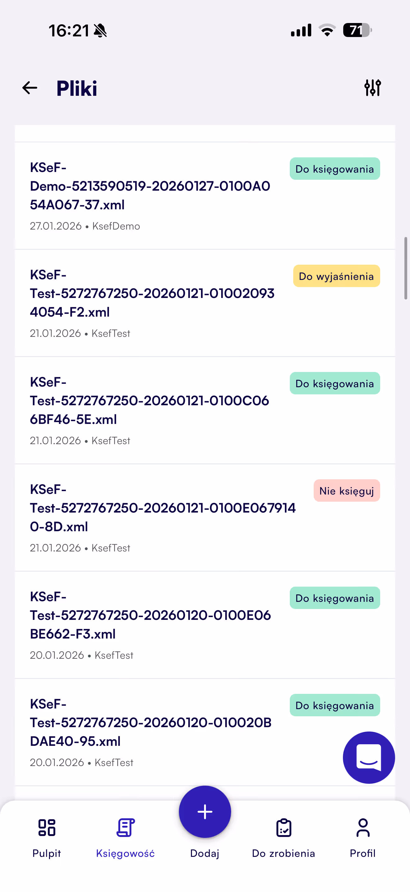 Lista plików XML z datami i statusem księgowania: do księgowania, do wyjaśnienia, nie księguj.