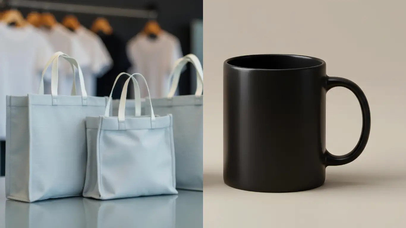 Bild på tygkassar med tryck och mugg, för verksamheter.