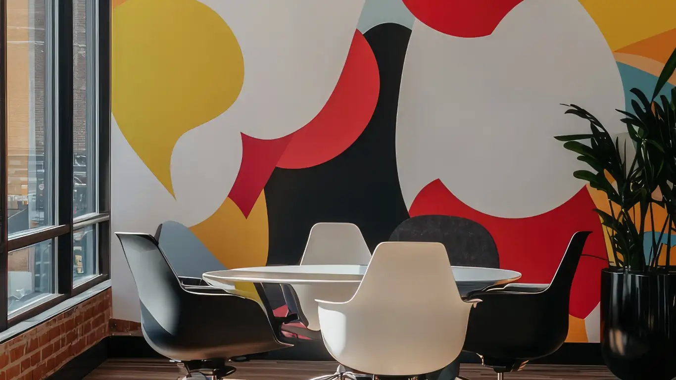 Väggdekor med färgglada dekaler, på kontor.