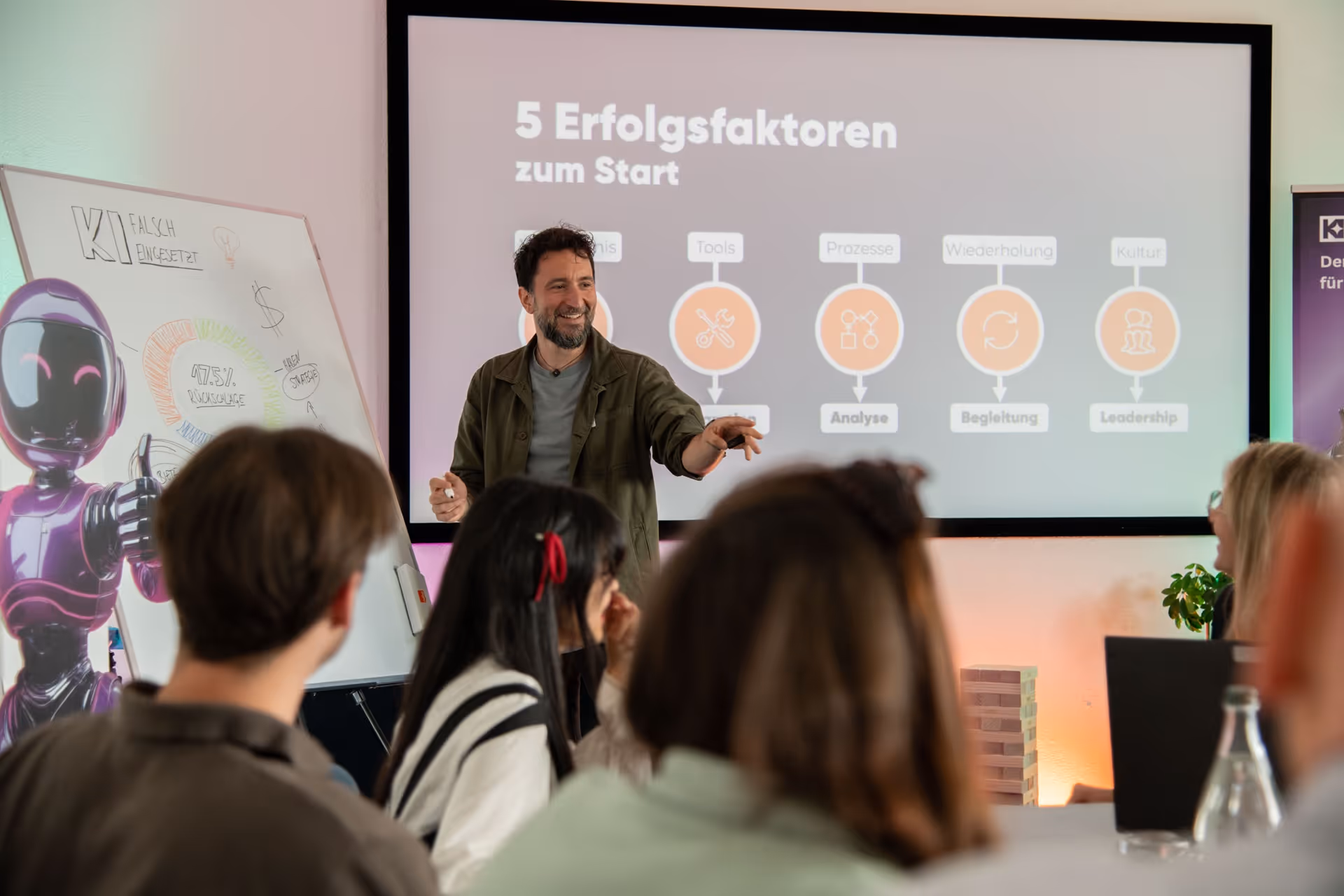 Ein Mann präsentiert vor einer Gruppe von Menschen eine Folie mit dem Titel '5 Erfolgsfaktoren zum Start' und einem Whiteboard mit einer Skizze eines Roboters.