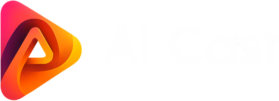 Logo mit einem abstrakten Dreieck in den Farben Pink, Orange und Gelb neben dem Text AI Cast in weißer Schrift.