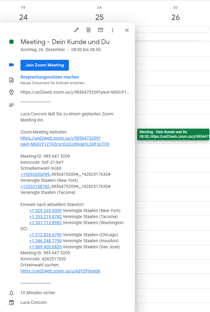Screenshot des Google Calendar, mit der Zoom-Einladung und alternativen Besprechungsnotizen. 