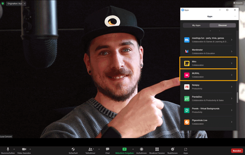 App Integration von Mural oder Miro in Zoom