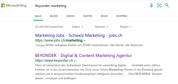 Bing SERP Ergebnis zu "BEYONDER MARKETING", andere Darstellung im Gegensatz zu Google