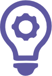 Purple icon of a light bulb with a gear inside symbolizing innovation or ideas.