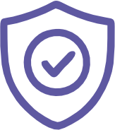 Purple shield outline with a checkmark inside representing protection or security.