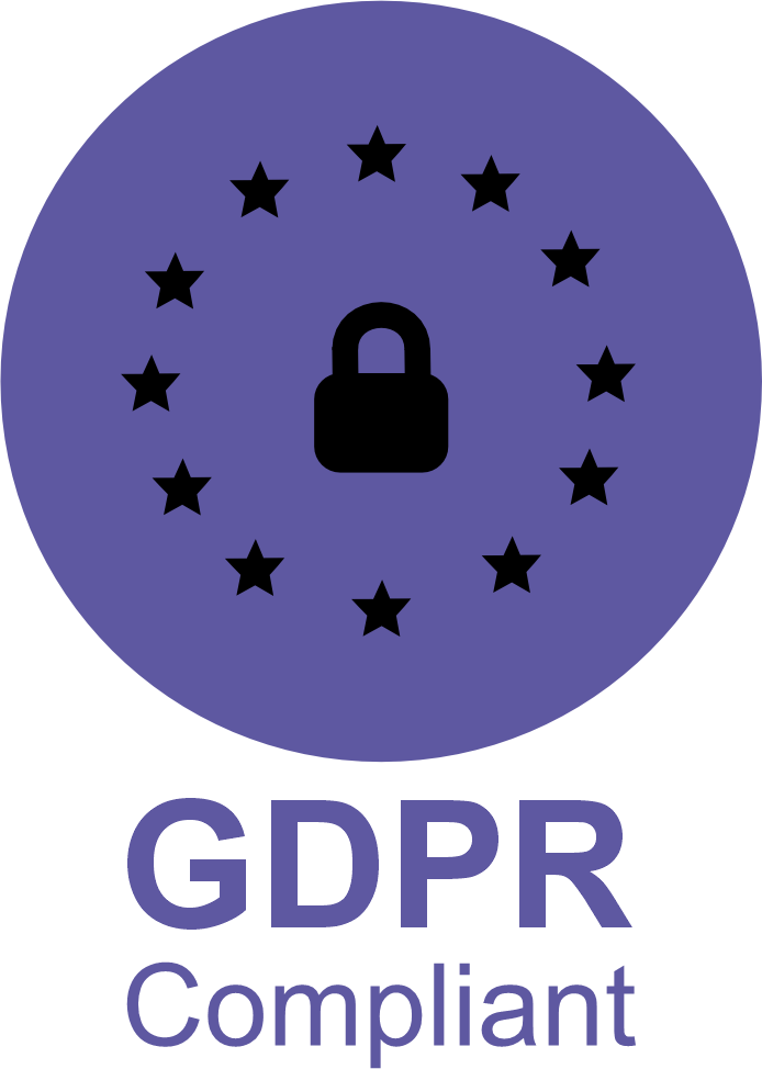 GDPR Compliant badge with a padlock surrounded by twelve stars inside a purple circle.