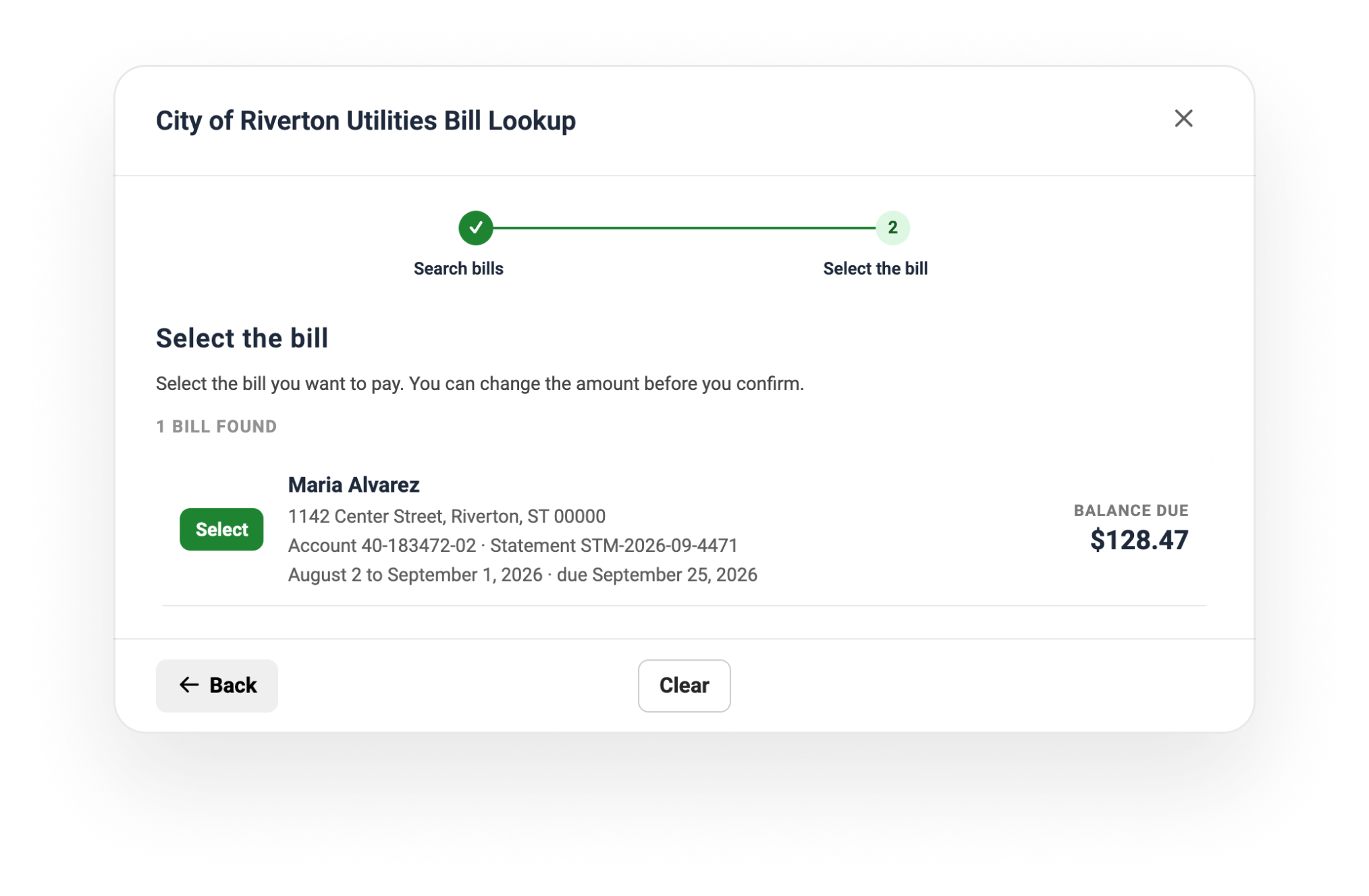 City utilities bill lookup showing a found bill ready to select