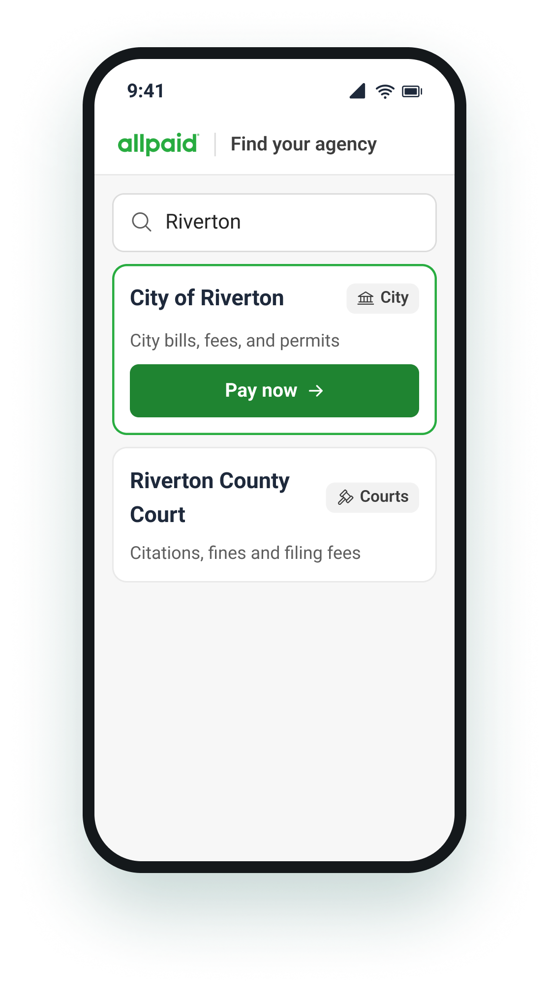AllPaid mobile screen for finding an agency and paying