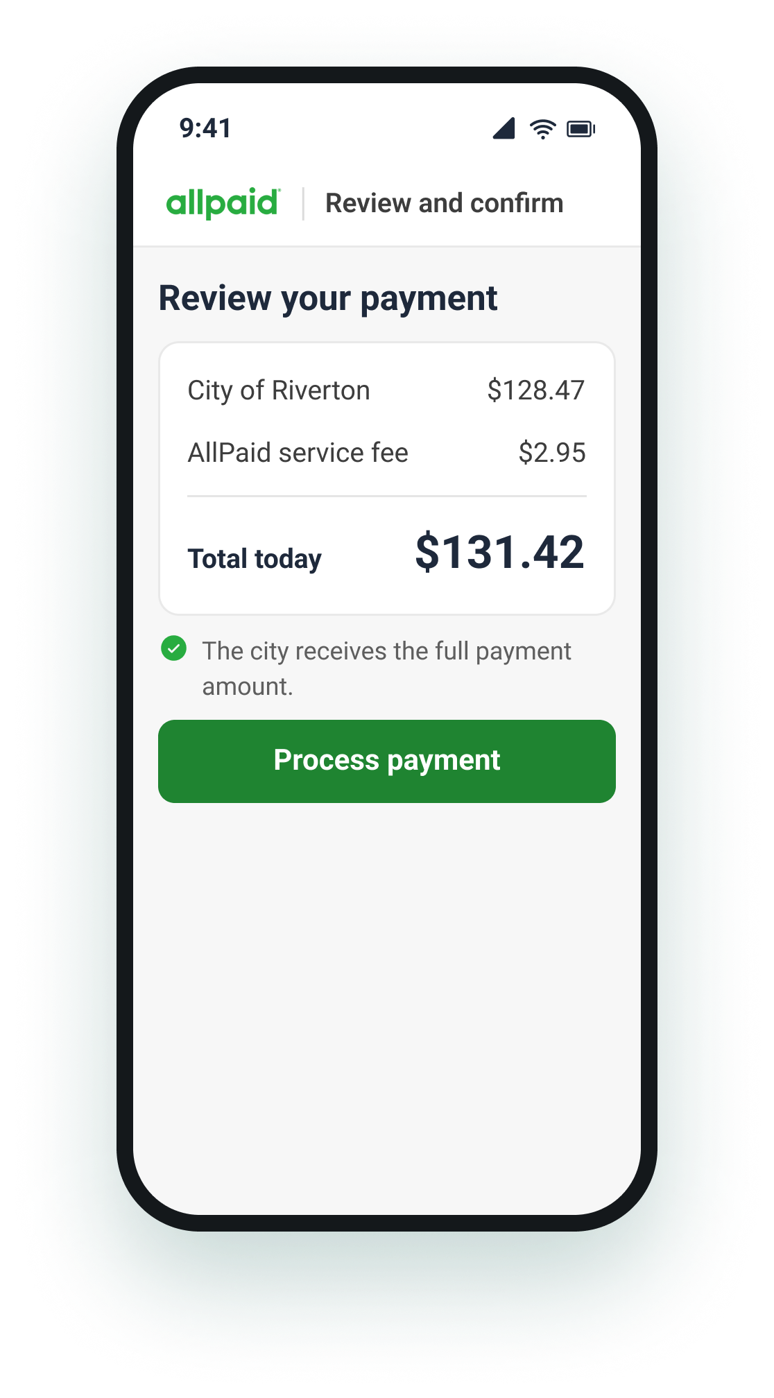 AllPaid mobile screen reviewing a payment with fees and total