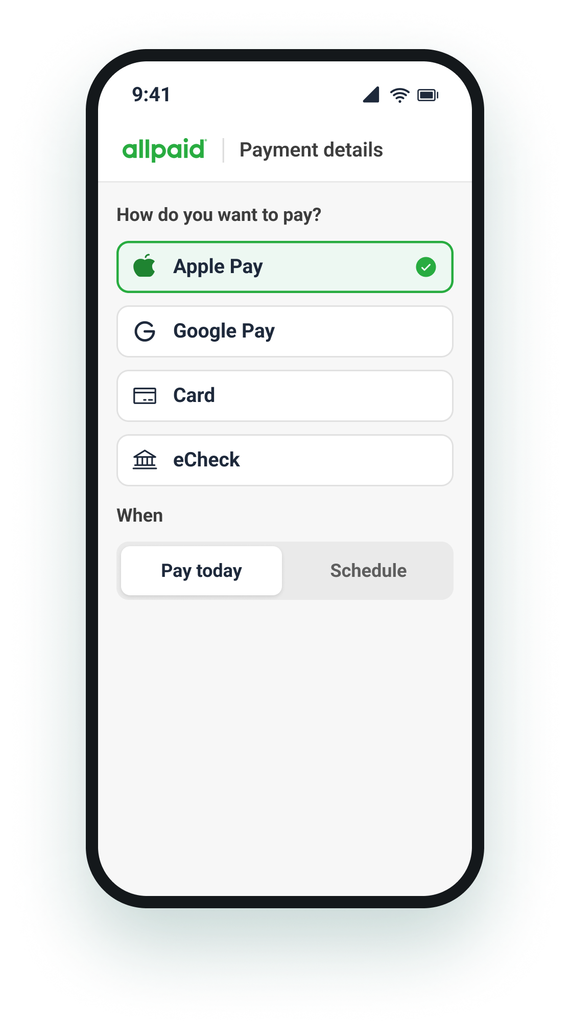 AllPaid mobile screen choosing a payment method and when to pay