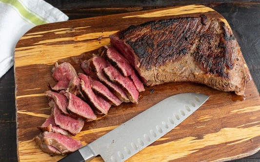 Sliced grass-fed tri-tip steak from 9:4 Ranch