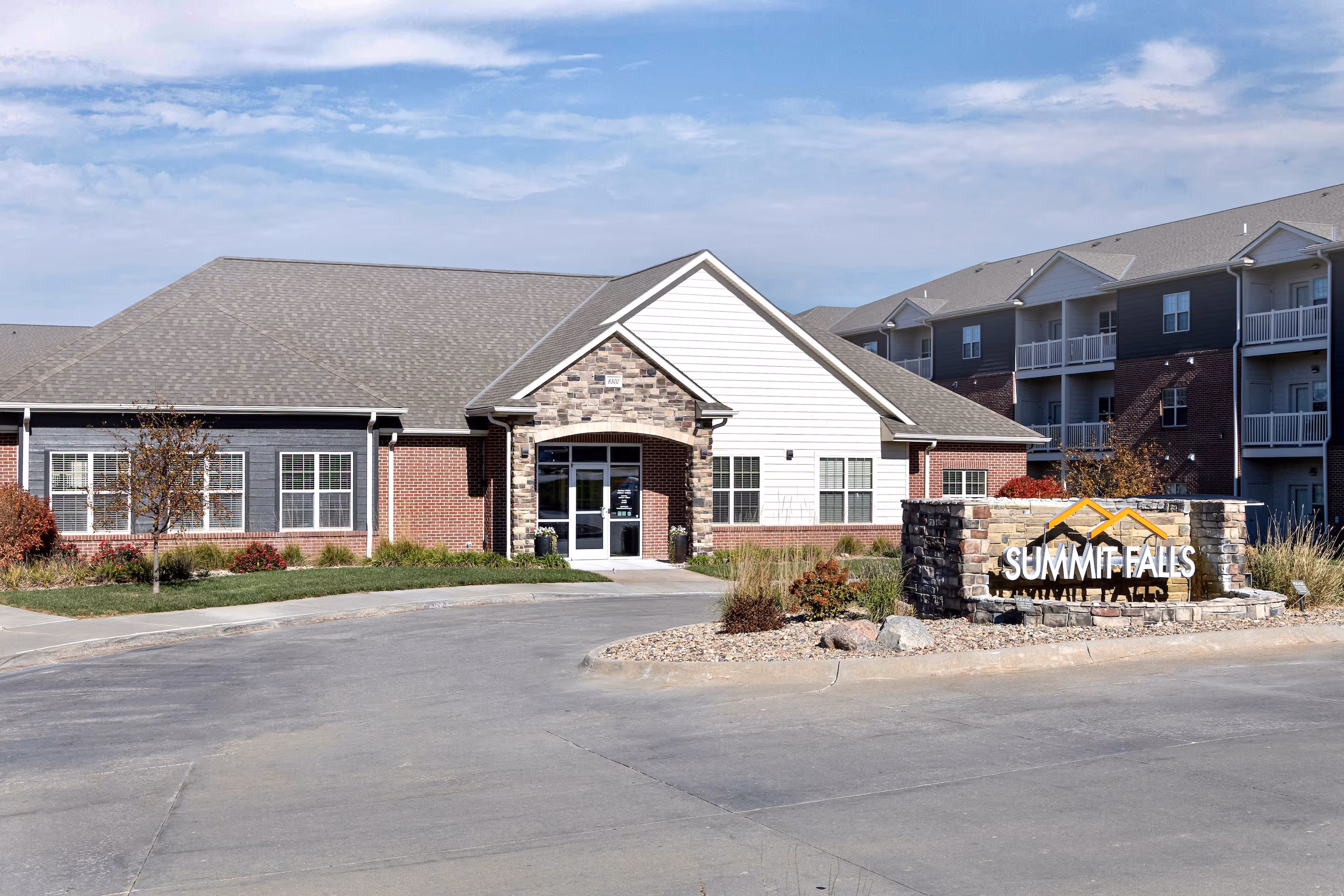 Summit falls outside the clubhouse building